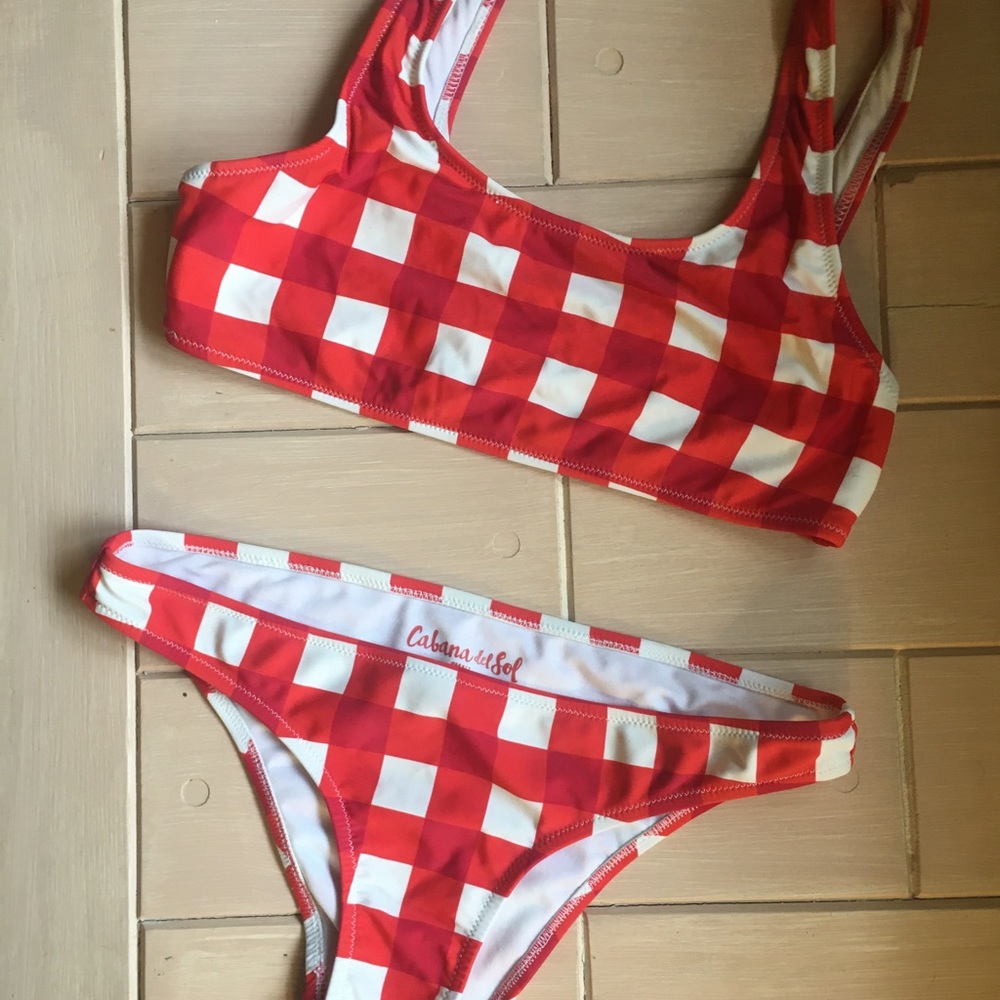 Red and white checkered bikini, size small